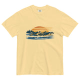Wolf pack at sunset design on a Butter garment-dyed cotton t-shirt