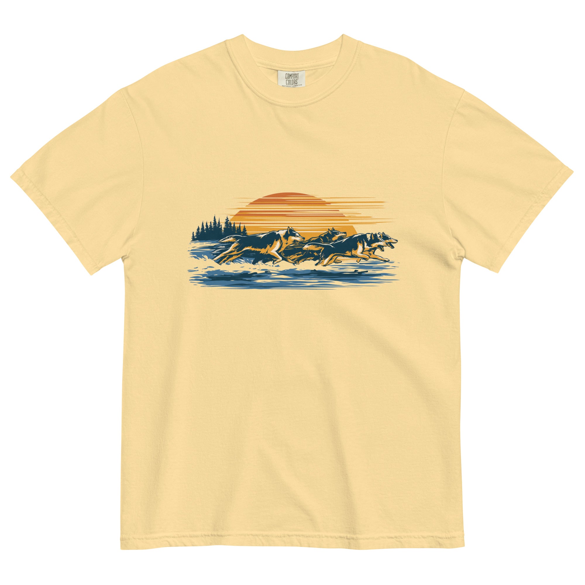 Wolf pack at sunset design on a Butter garment-dyed cotton t-shirt