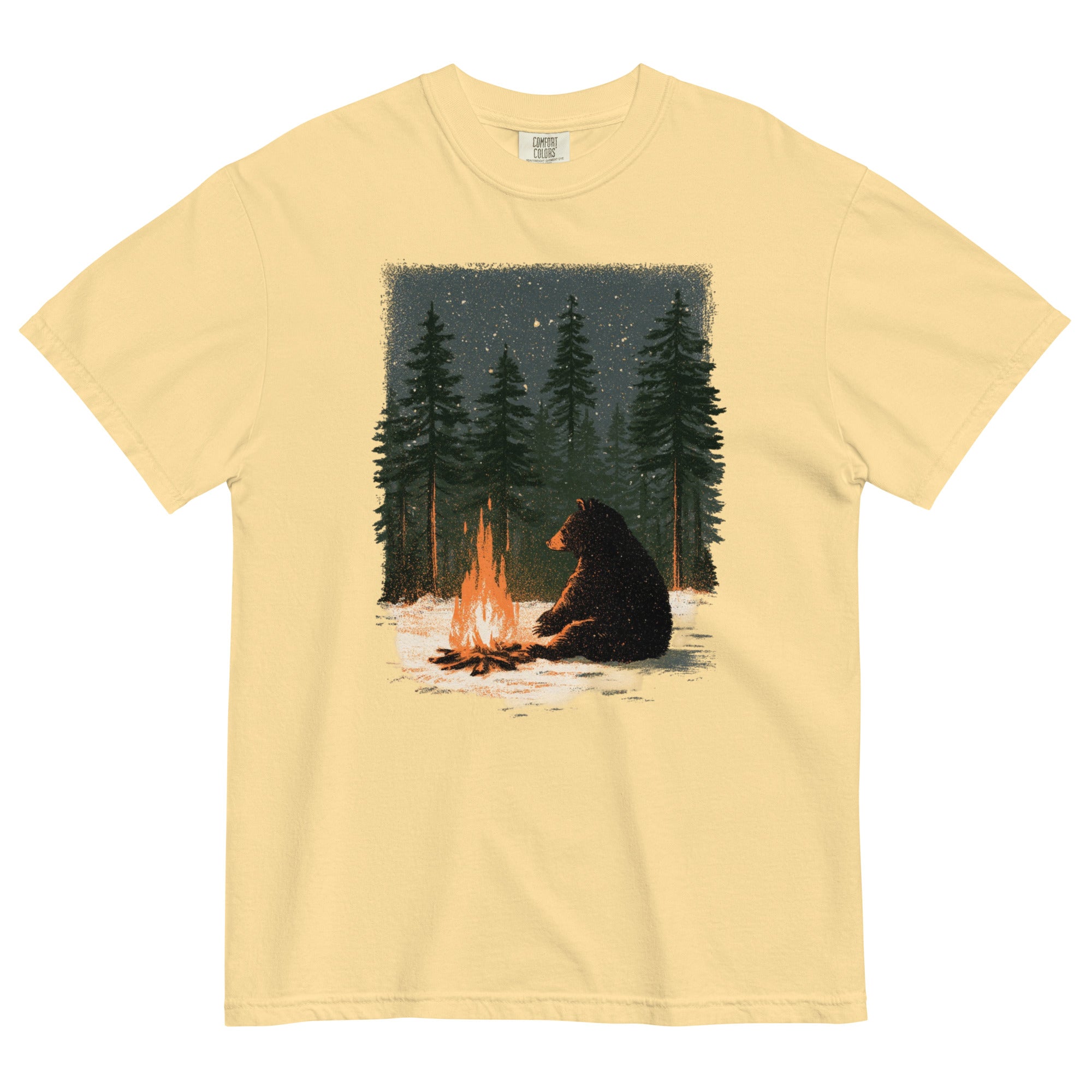 Black bear by a winter campfire design on a Butter garment-dyed cotton t-shirt