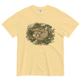 Fox asleep in a Christmas wreath design on a Butter garment-dyed cotton t-shirt