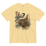 Chickadee and winter berries design on a Butter garment-dyed cotton t-shirt