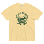 Moose wilderness badge design on a Butter garment-dyed cotton t-shirt