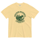 Moose wilderness badge design on a Butter garment-dyed cotton t-shirt