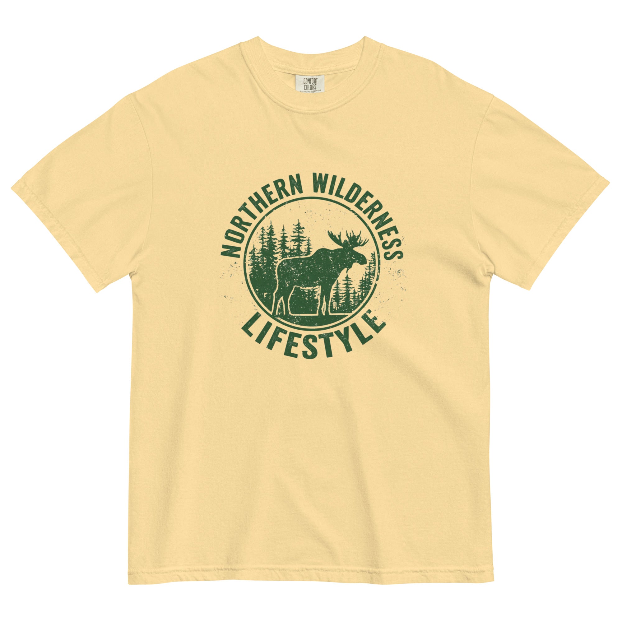 Moose wilderness badge design on a Butter garment-dyed cotton t-shirt