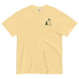 Snowman and pine tree design on a Butter garment-dyed cotton t-shirt