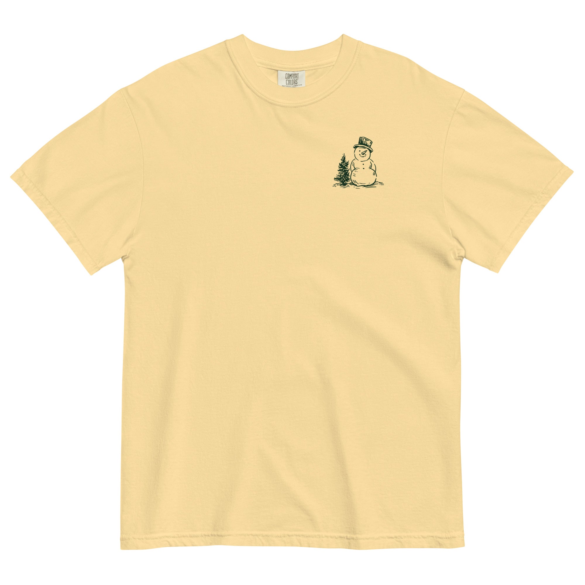 Snowman and pine tree design on a Butter garment-dyed cotton t-shirt