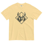 Stag and pines diamond emblem design on a Butter garment-dyed cotton t-shirt