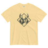 Stag and pines diamond emblem design on a Butter garment-dyed cotton t-shirt