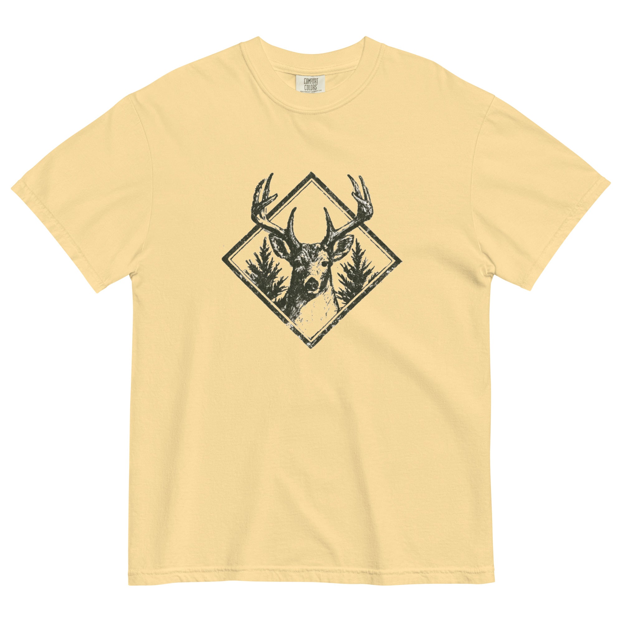 Stag and pines diamond emblem design on a Butter garment-dyed cotton t-shirt