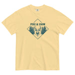Stag emblem with pine and snow design on a Butter garment-dyed cotton t-shirt