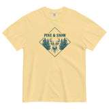 Stag emblem with pine and snow design on a Butter garment-dyed cotton t-shirt