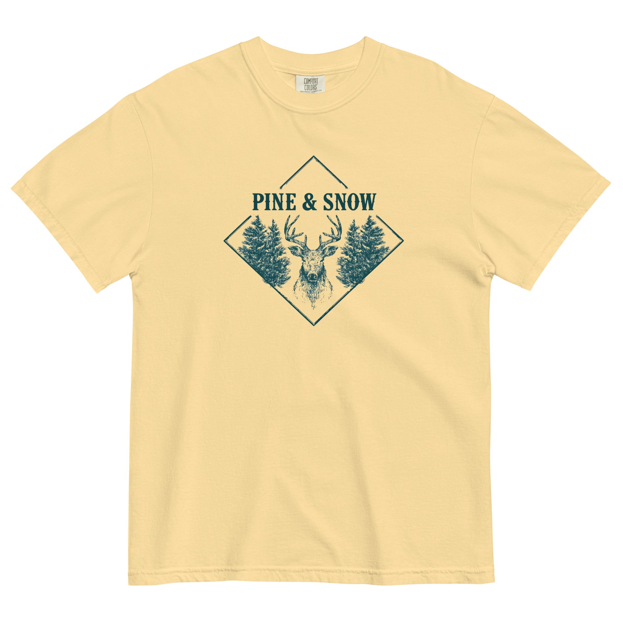 Stag emblem with pine and snow design on a Butter garment-dyed cotton t-shirt