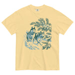 Huskies running in the snow design on a Butter garment-dyed cotton t-shirt