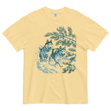 Huskies running in the snow design on a Butter garment-dyed cotton t-shirt