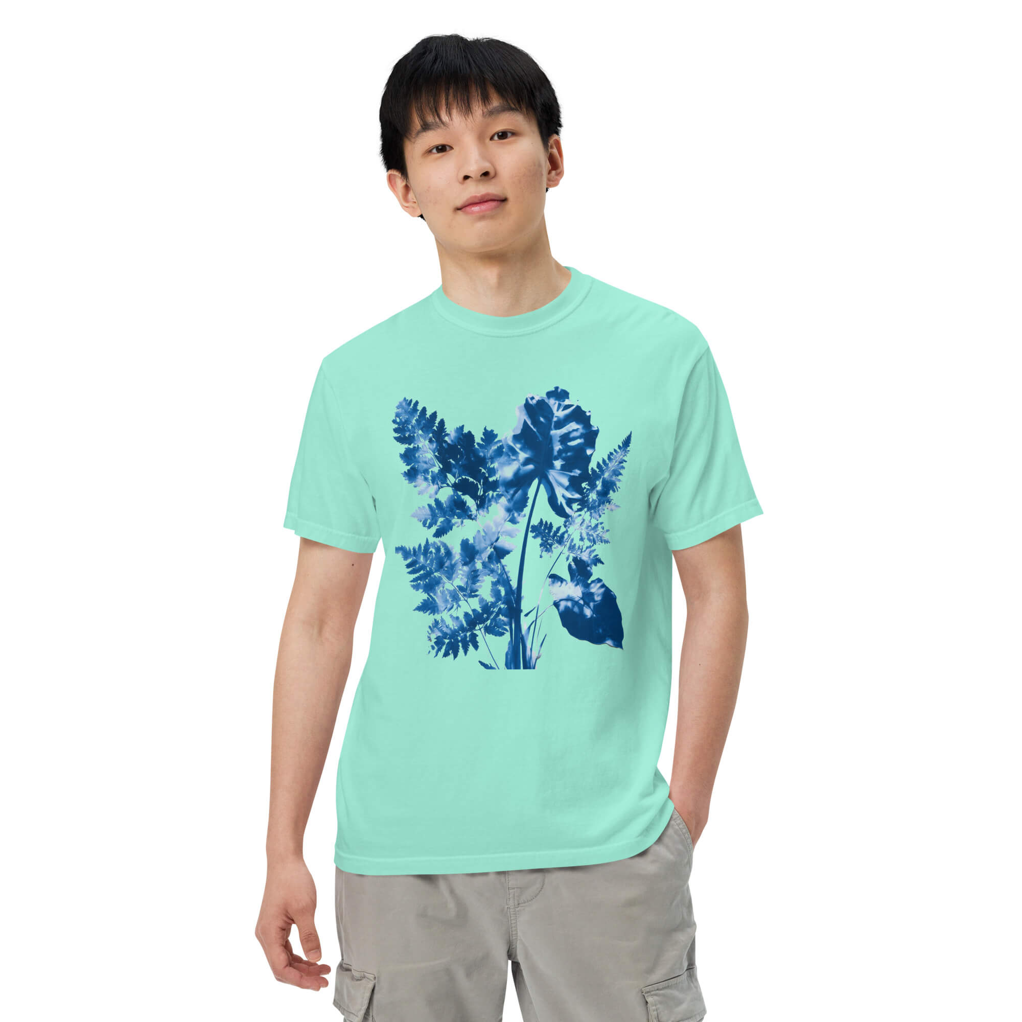 Fern and leaf cyanotype design on a Chalky Mint garment-dyed cotton t-shirt