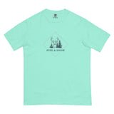 Deer and winter forest design on a Chalky Mint garment-dyed cotton t-shirt