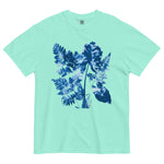 Fern and leaf cyanotype design on a Chalky Mint garment-dyed cotton t-shirt
