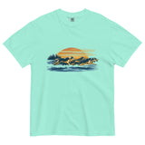 Wolf pack at sunset design on a Chalky Mint garment-dyed cotton t-shirt