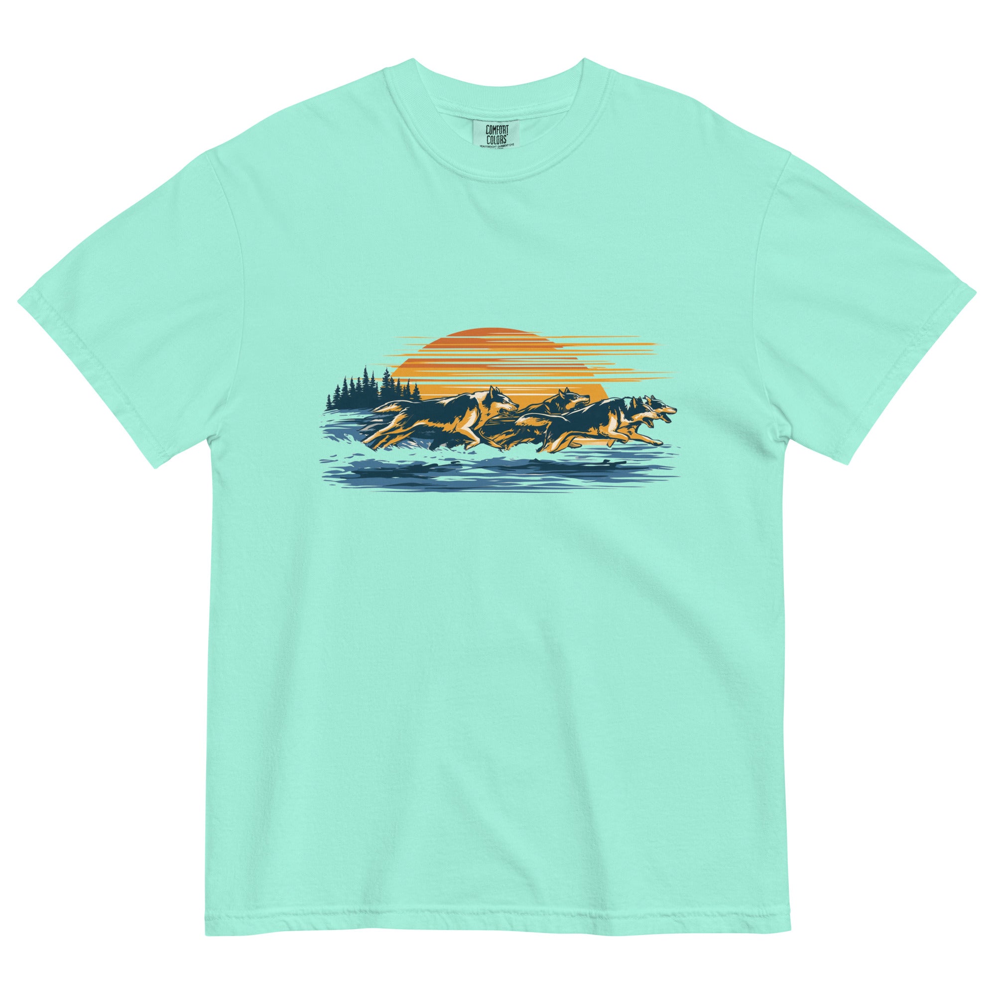 Wolf pack at sunset design on a Chalky Mint garment-dyed cotton t-shirt