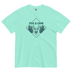 Stag emblem with pine and snow design on a Chalky Mint garment-dyed cotton t-shirt