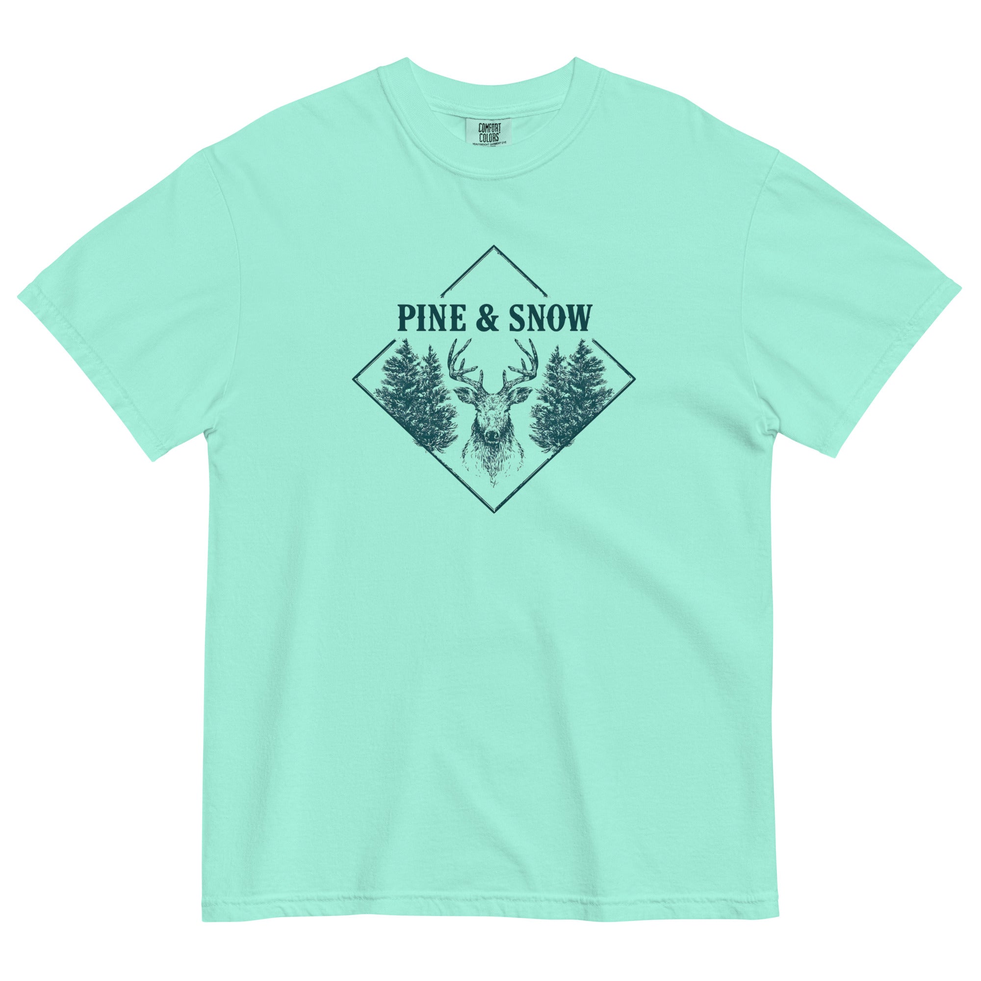Stag emblem with pine and snow design on a Chalky Mint garment-dyed cotton t-shirt