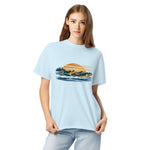 Wolf pack at sunset design on a Chambray garment-dyed cotton t-shirt