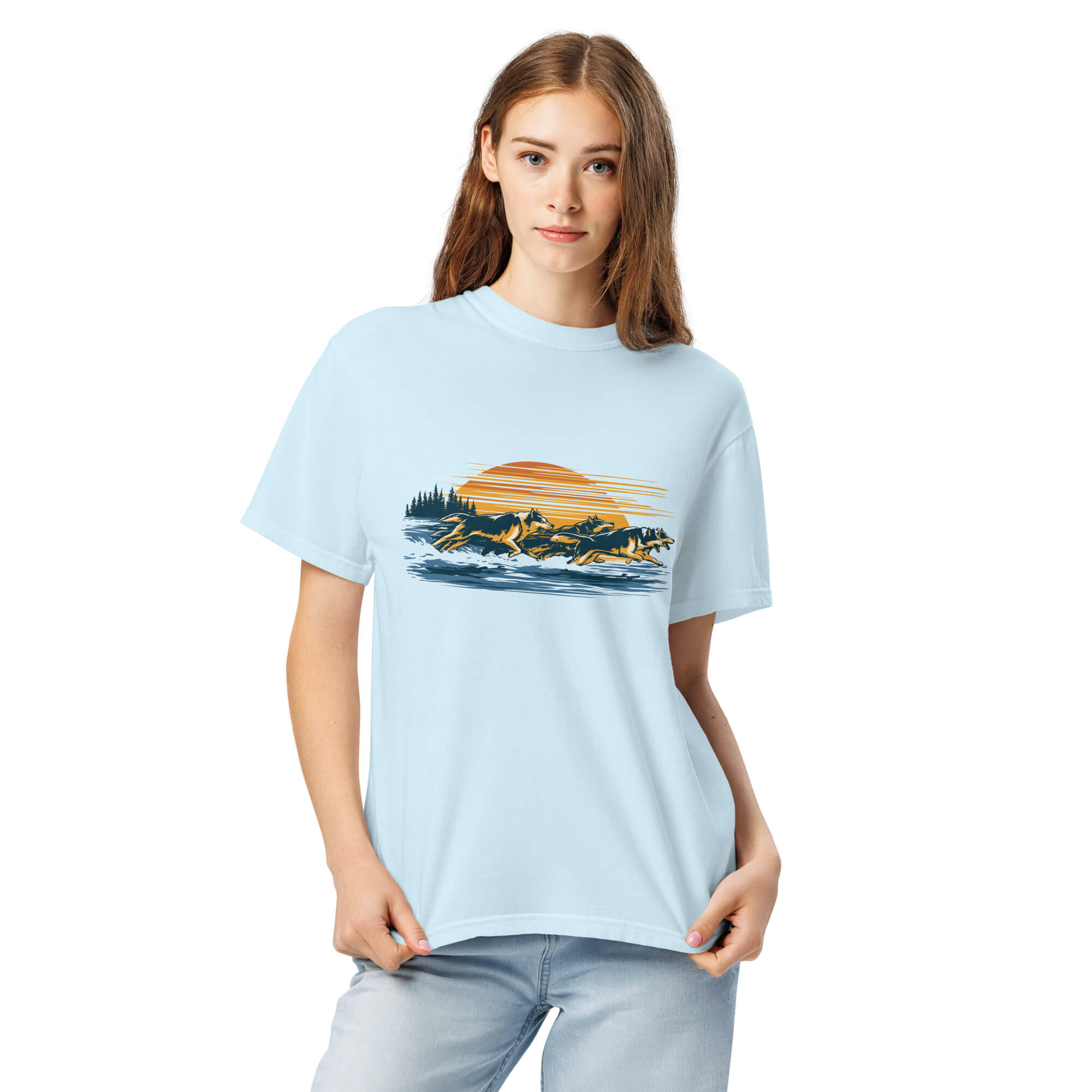 Wolf pack at sunset design on a Chambray garment-dyed cotton t-shirt