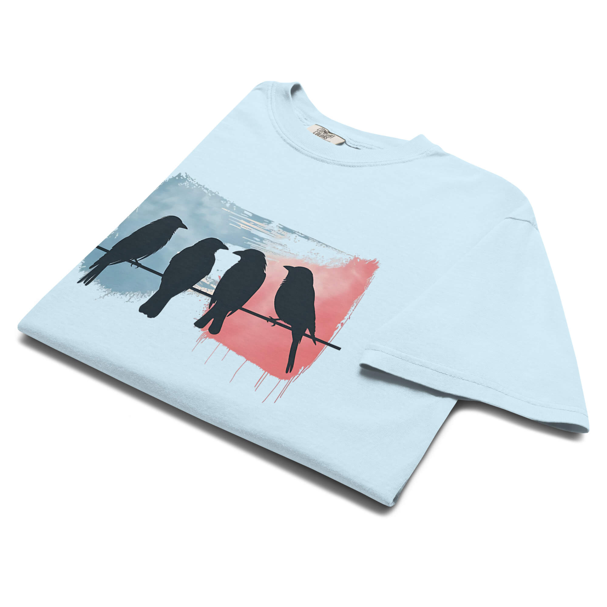 Birds on a wire design on a Chambray garment-dyed cotton t-shirt