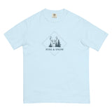 Deer and winter forest design on a Chambray garment-dyed cotton t-shirt