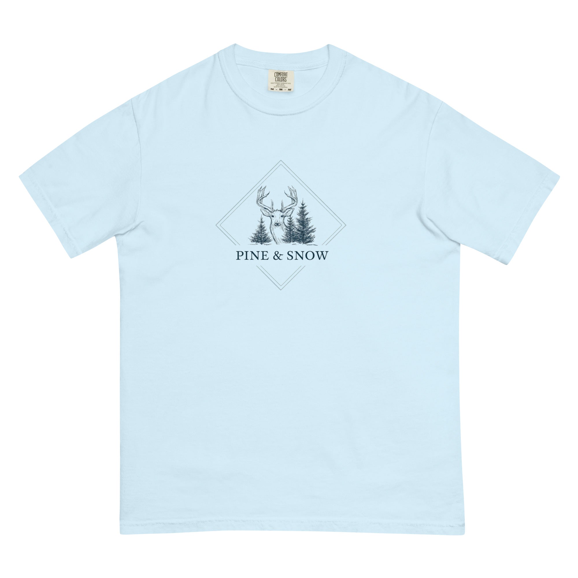 Deer and winter forest design on a Chambray garment-dyed cotton t-shirt