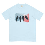 Birds on a wire design on a Chambray garment-dyed cotton t-shirt