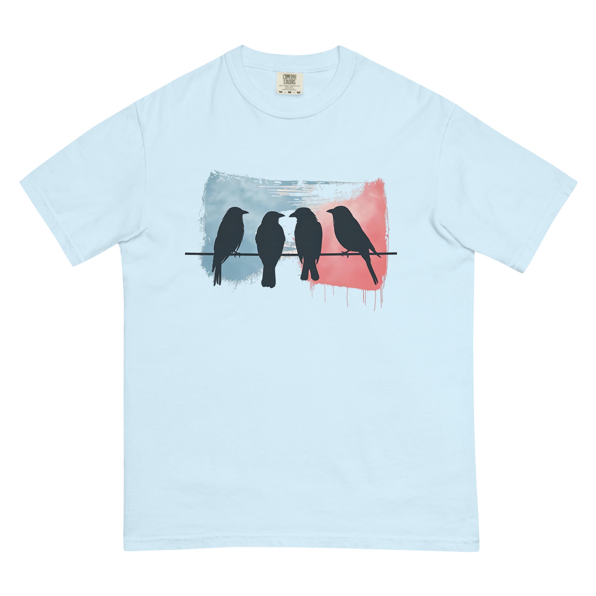 Birds on a wire design on a Chambray garment-dyed cotton t-shirt