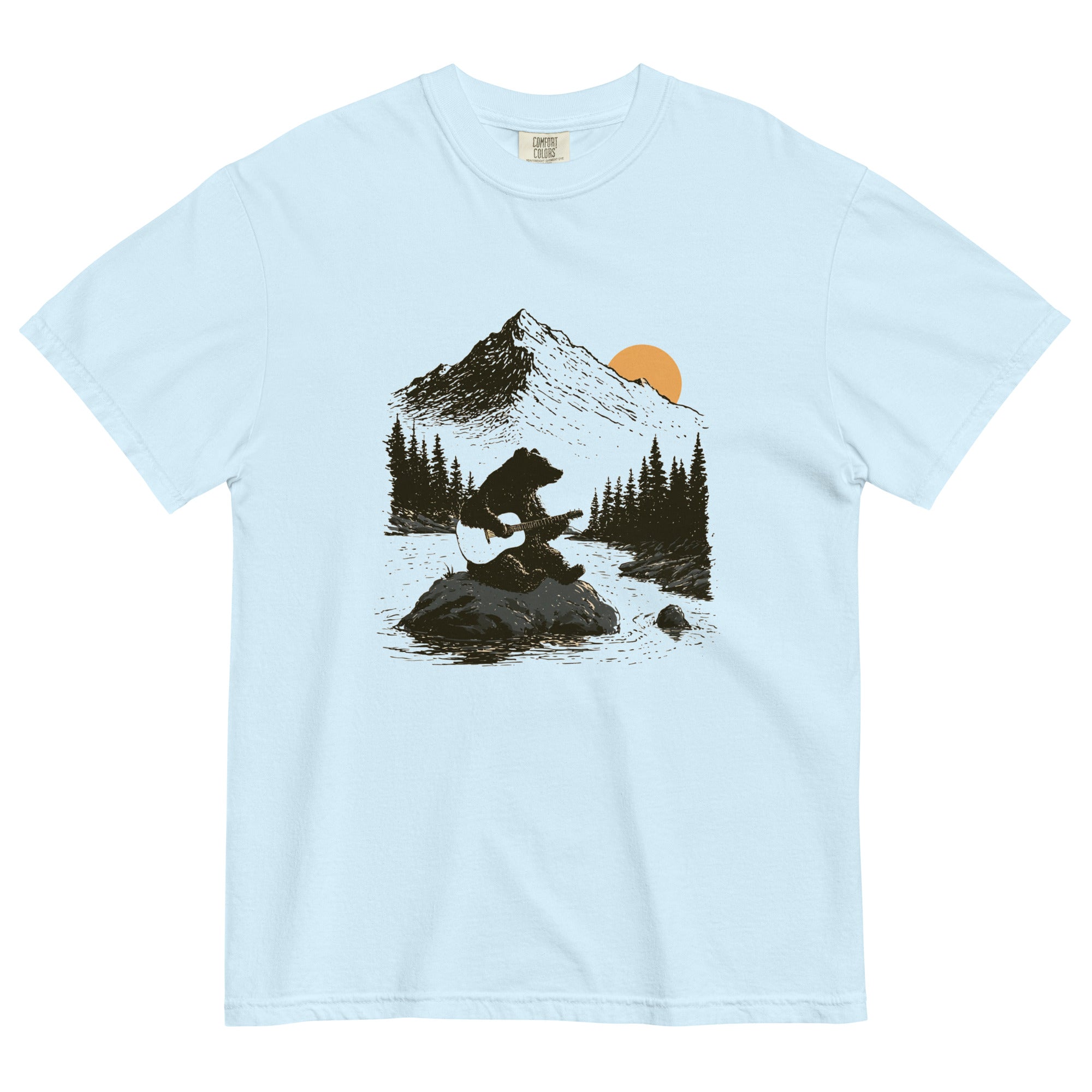 Bear playing guitar design on a Chambray garment-dyed cotton t-shirt