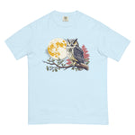 Great horned owl and autumn moon design on a Chambray garment-dyed cotton t-shirt