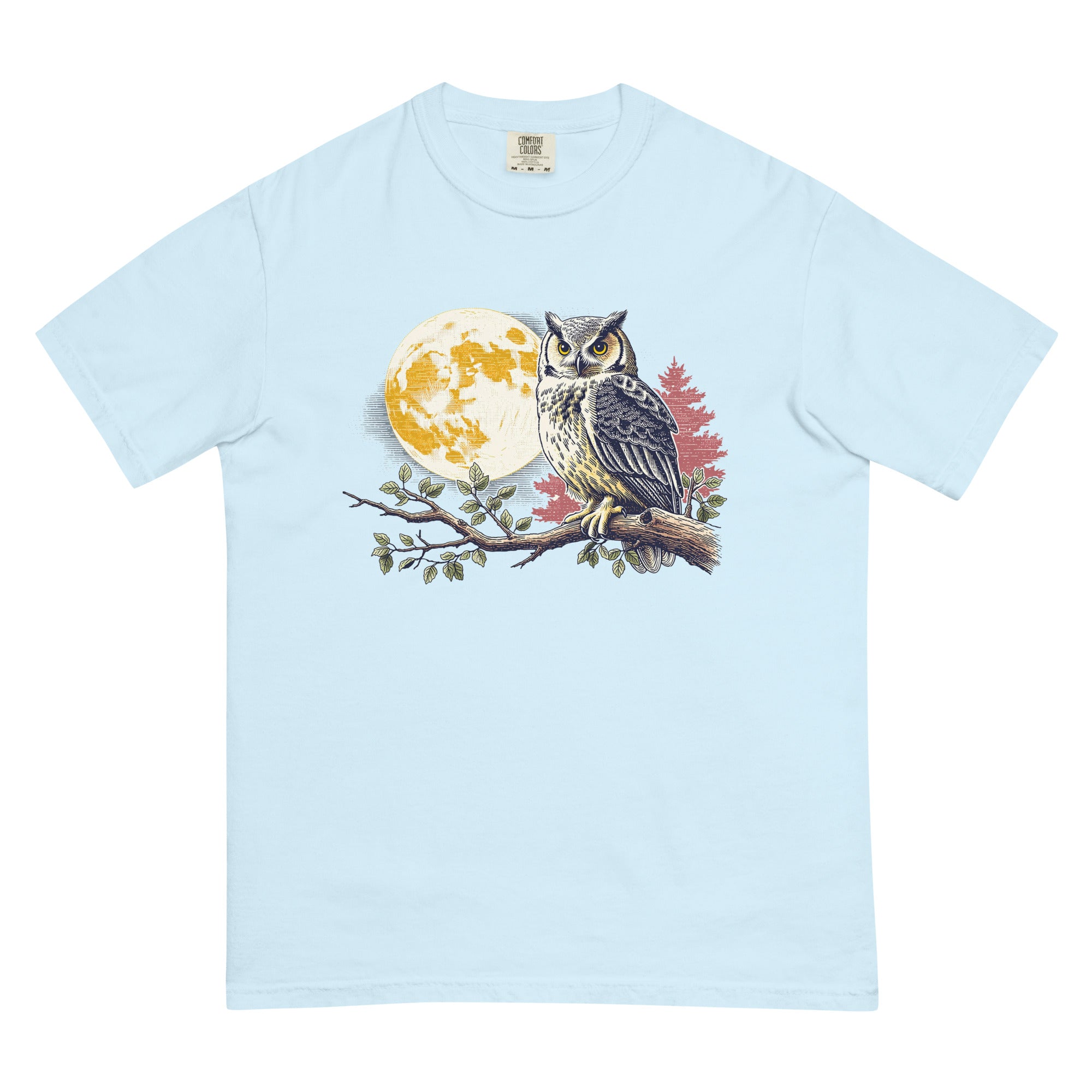 Great horned owl and autumn moon design on a Chambray garment-dyed cotton t-shirt