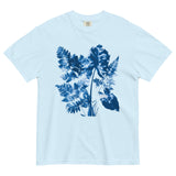 Fern and leaf cyanotype design on a Chambray garment-dyed cotton t-shirt