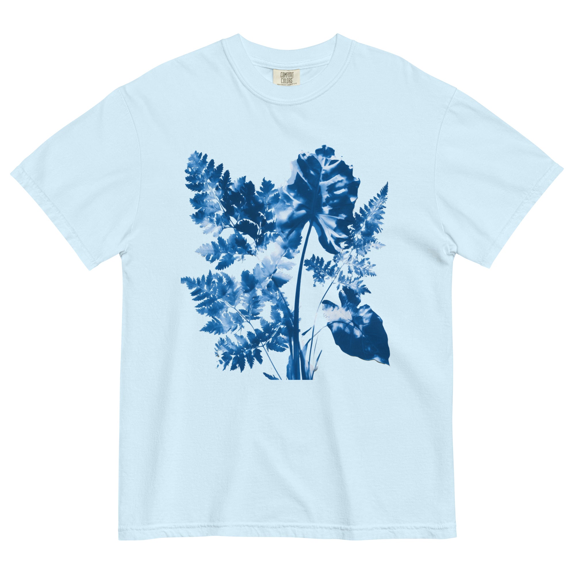 Fern and leaf cyanotype design on a Chambray garment-dyed cotton t-shirt
