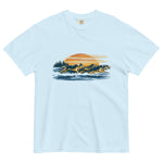 Wolf pack at sunset design on a Chambray garment-dyed cotton t-shirt