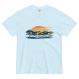 Wolf pack at sunset design on a Chambray garment-dyed cotton t-shirt