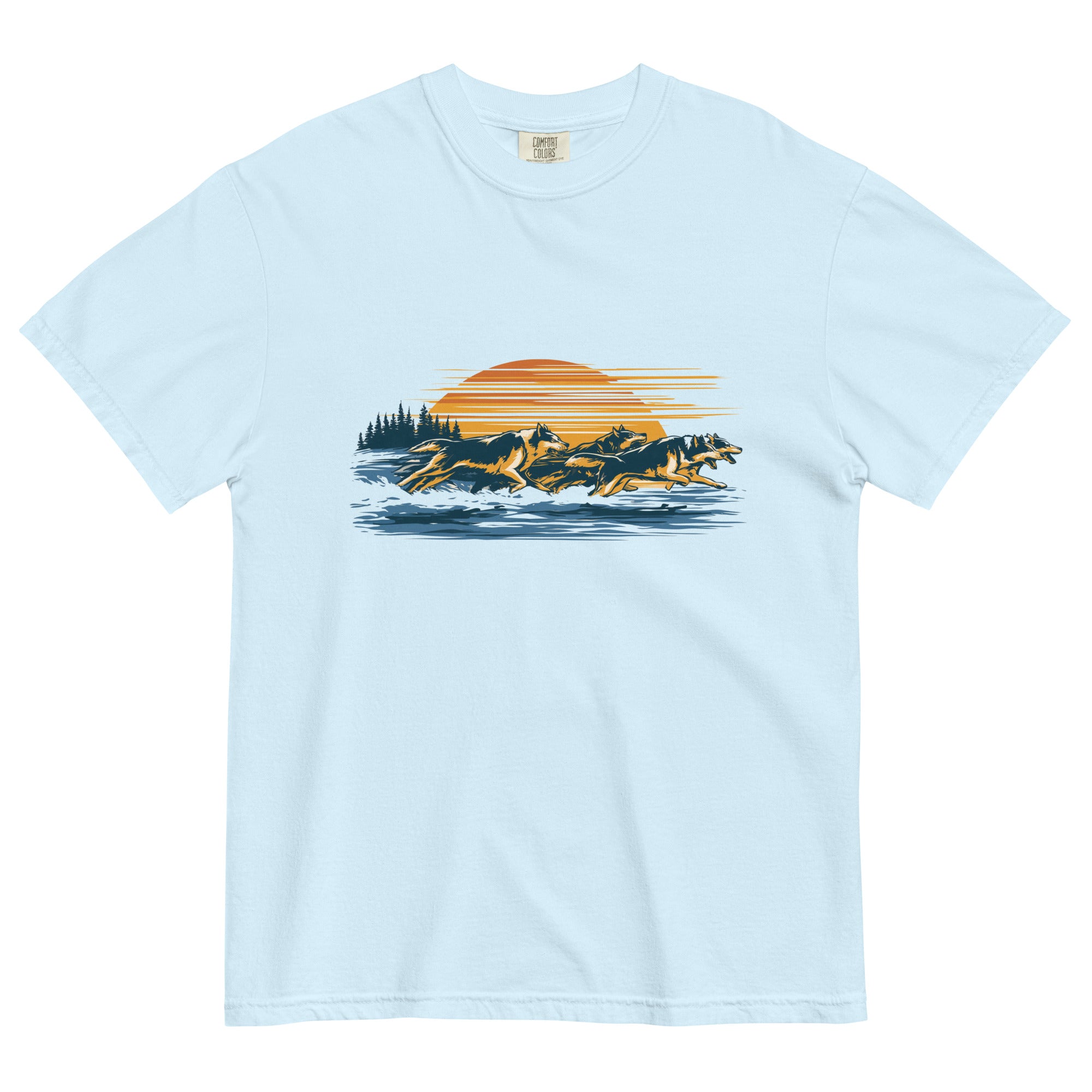 Wolf pack at sunset design on a Chambray garment-dyed cotton t-shirt