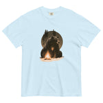 Bear and campfire design on a Chambray garment-dyed cotton t-shirt