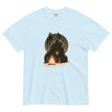 Bear and campfire design on a Chambray garment-dyed cotton t-shirt