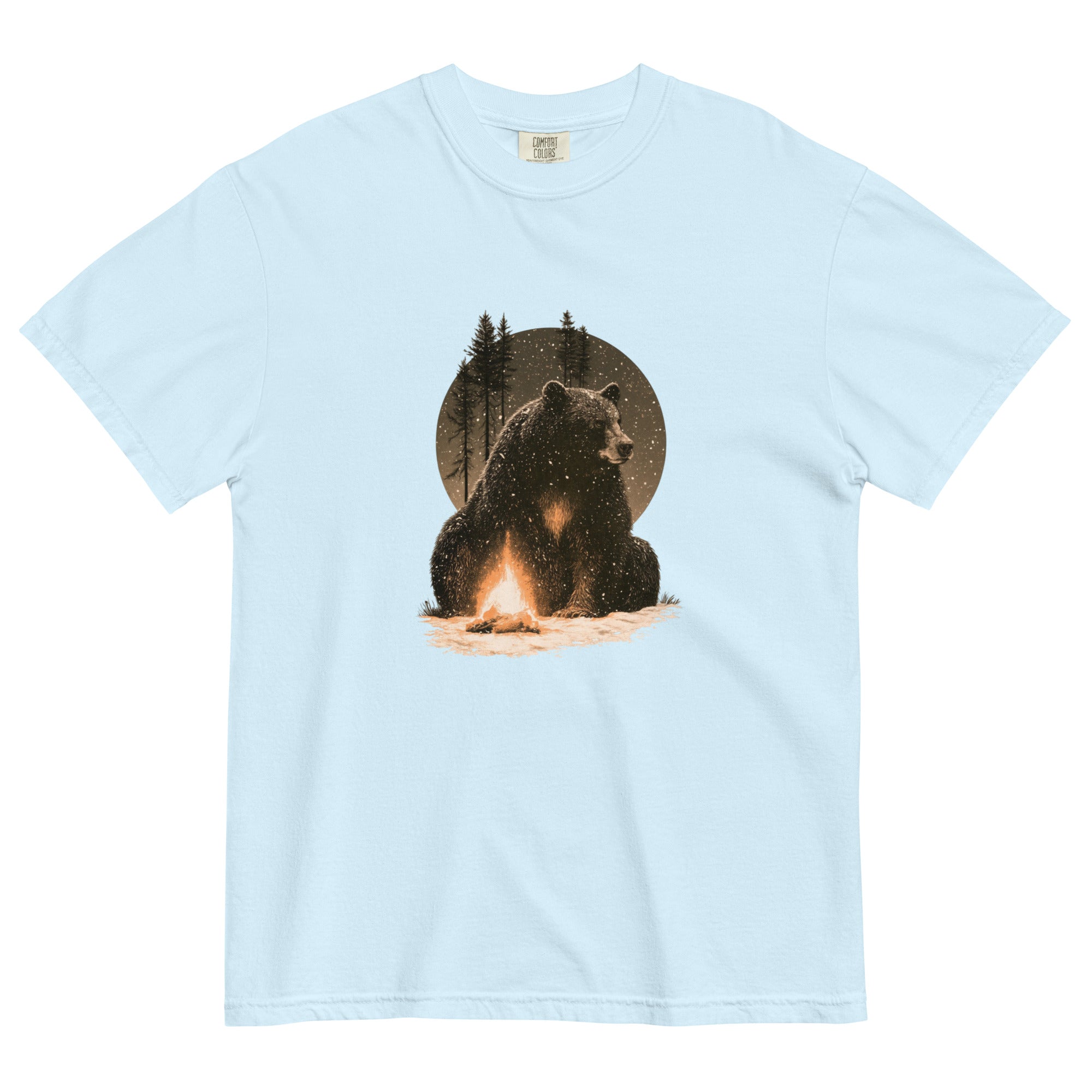 Bear and campfire design on a Chambray garment-dyed cotton t-shirt