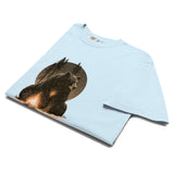 Bear and campfire design on a Chambray garment-dyed cotton t-shirt