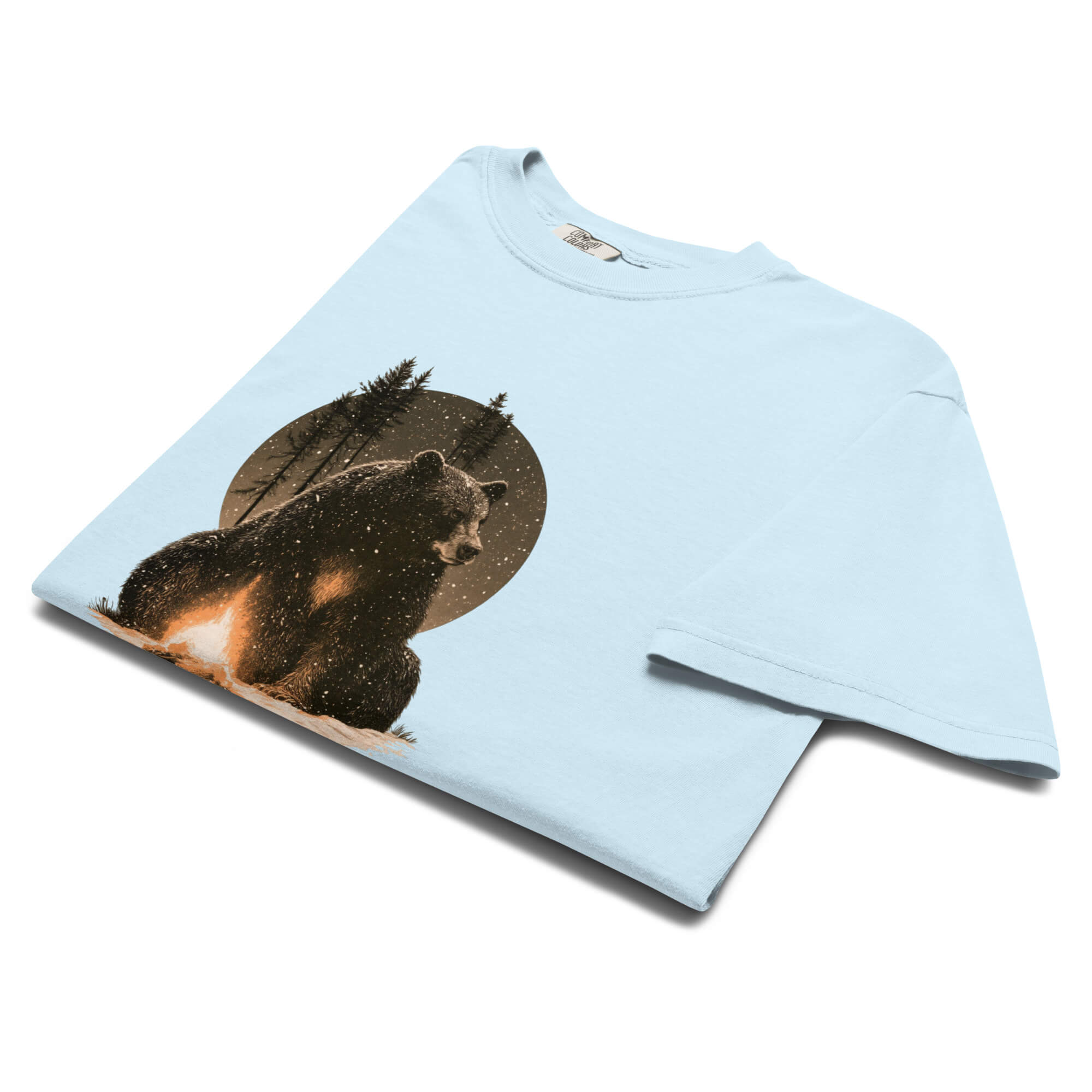 Bear and campfire design on a Chambray garment-dyed cotton t-shirt