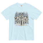 Three wolves in the snow design on a Chambray garment-dyed cotton t-shirt