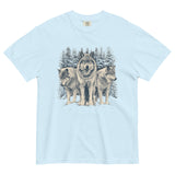 Three wolves in the snow design on a Chambray garment-dyed cotton t-shirt