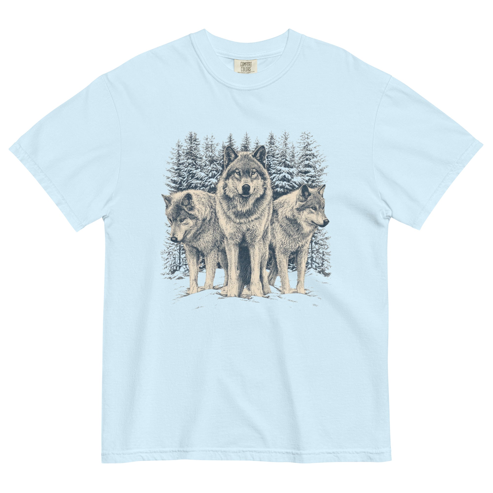 Three wolves in the snow design on a Chambray garment-dyed cotton t-shirt
