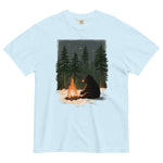 Black bear by a winter campfire design on a Chambray garment-dyed cotton t-shirt