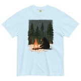 Black bear by a winter campfire design on a Chambray garment-dyed cotton t-shirt
